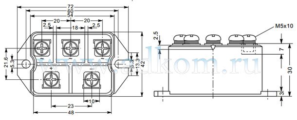 Выпрямительный мост SMDS-50-12-M29 (S3PDB50N12) - габаритные и установочные размеры